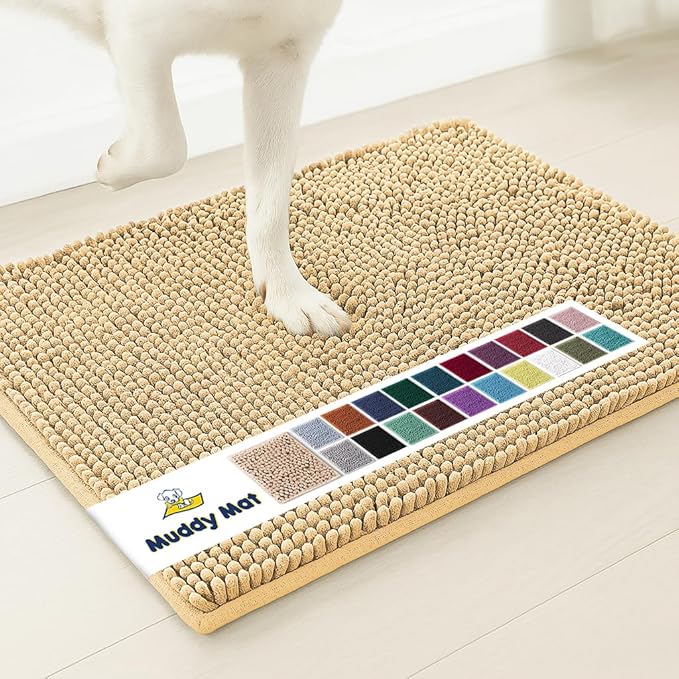 Muddy Mat® Original Dog Door Mat for Muddy Paws, Super Absorbent Microfiber, Non-Slip Washable Pet Rug, Quick Dry Chenille Entryway Carpet, Machine Washable Indoor Outdoor mat, Beige 24"x96"