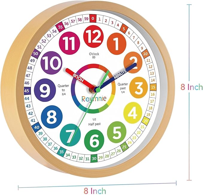 Wall Clock for Kids Learning to Tell Time Analog Non Ticking Battery Operated Kids Small Teaching Clock Silent Colorful Teaching Time Clock for Kids Room Classroom School（8 Inch）