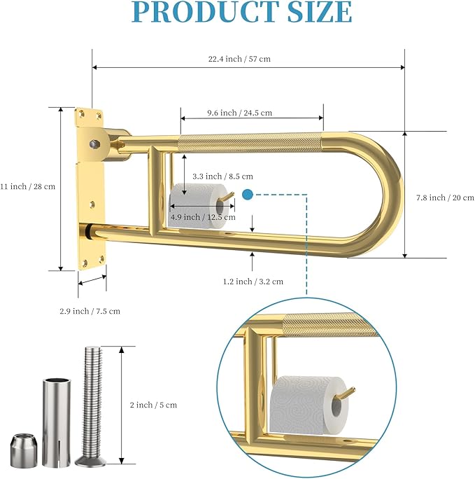 Toilet Grab Bar 22.4 Inch Gold, Munzong Anti-Slip Handicap Grab Bars with Paper Holder, Flip-Up Bathroom Safety Rails, Stainless Steel Knurled Support handrails for Seniors Elderly Disabled Pregnant