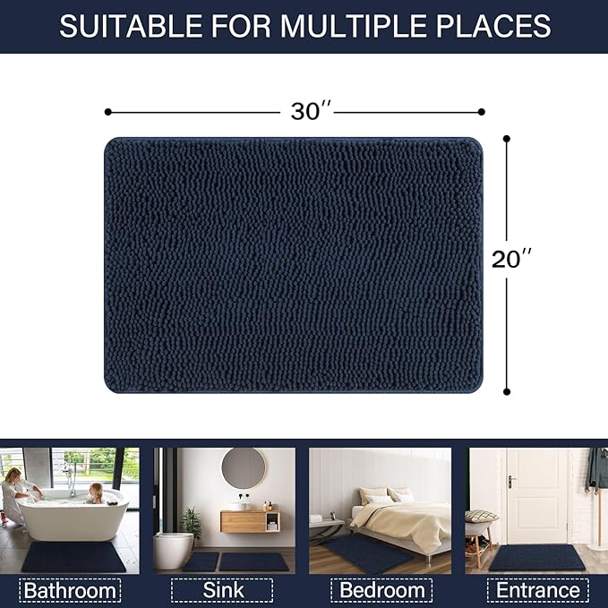LOCHAS Luxury Bathroom Rug Shaggy Bath Mat 20 x 30 Inch, Washable Non Slip Bath Rugs for Bathroom Shower, Soft Plush Chenille Absorbent Carpets Mats, Navy