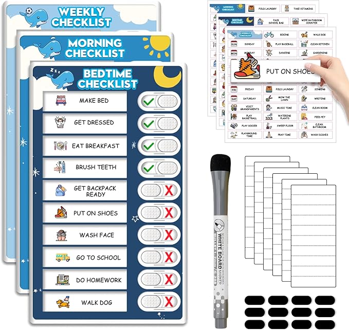 Upgraded Slider 3 in 1 Bedtime/Morning/Weekly Routine Chart for Kids, Magnetic Chore Chart for Kids with 99 Stickers, Cute Visual Schedule for Kid