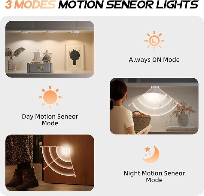 3PCS Motion Sensor Closet Puck Light, Wireless Rechargeable Stair Step Lights Indoor with 3 Colors Temper, Magnet Stick on Lighting for Cabinet,Hallway,Stairway,Bathroom,Bedroom,Kitchen