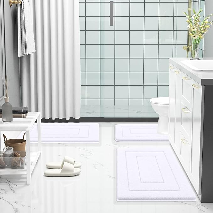 Buganda Bathroom Rugs, 44" x 24", Soft and Absorbent Microfiber Bath Rugs, Non-Slip Shaggy Shower Carpet, Machine Wash Dry Bath Mats for Bathroom Floor, Tub and Shower, White