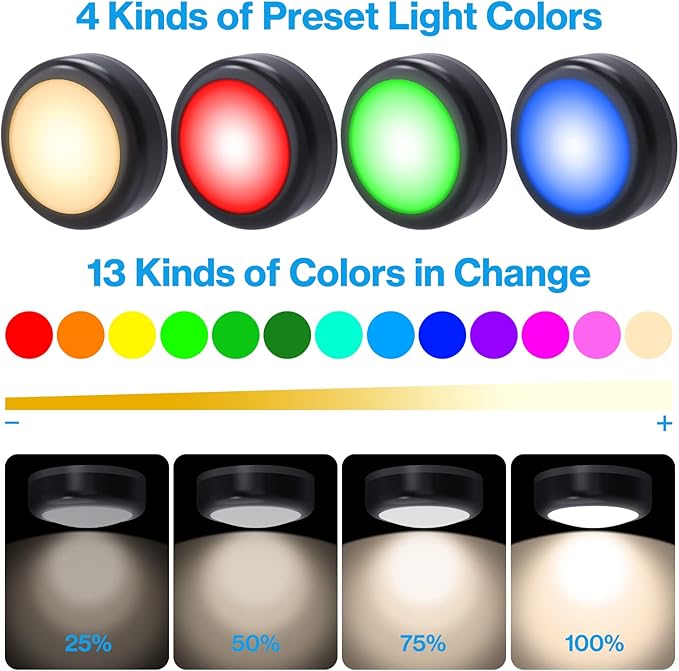 Cadrim Puck Lights, 1 Pack 13 Colors Changeable LED Puck lightings Battery Powered Dimmable Under Cabinet Lights, Battery Powered Under Counter Lights with 1 Wireless Remote Controls, Black