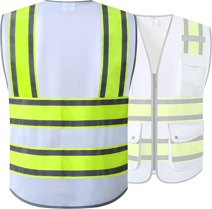 JKSafety 9 Pockets High Visibility Zipper Front Safety Vest | White with Dual Tone High Reflective Strips | Meets ANSI/ISEA Standards (901-White, Large)