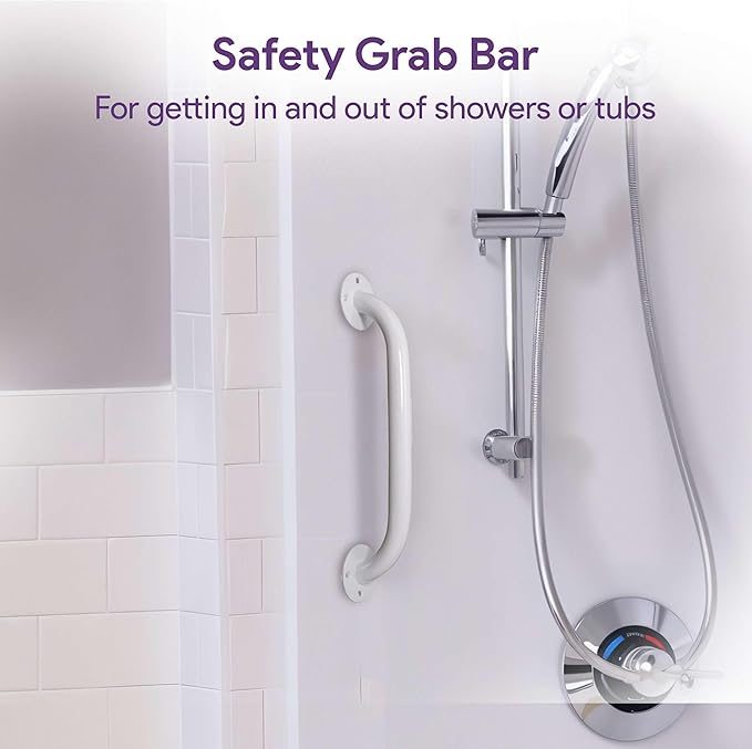 White 12 Inch Grab Bars for Bathtubs and Showers - Powder Coated Steel Bathroom Safety Rail Handle - Non Slip Grip Handicap Grab Bar for Seniors, 250 lbs Weight Support Capacity