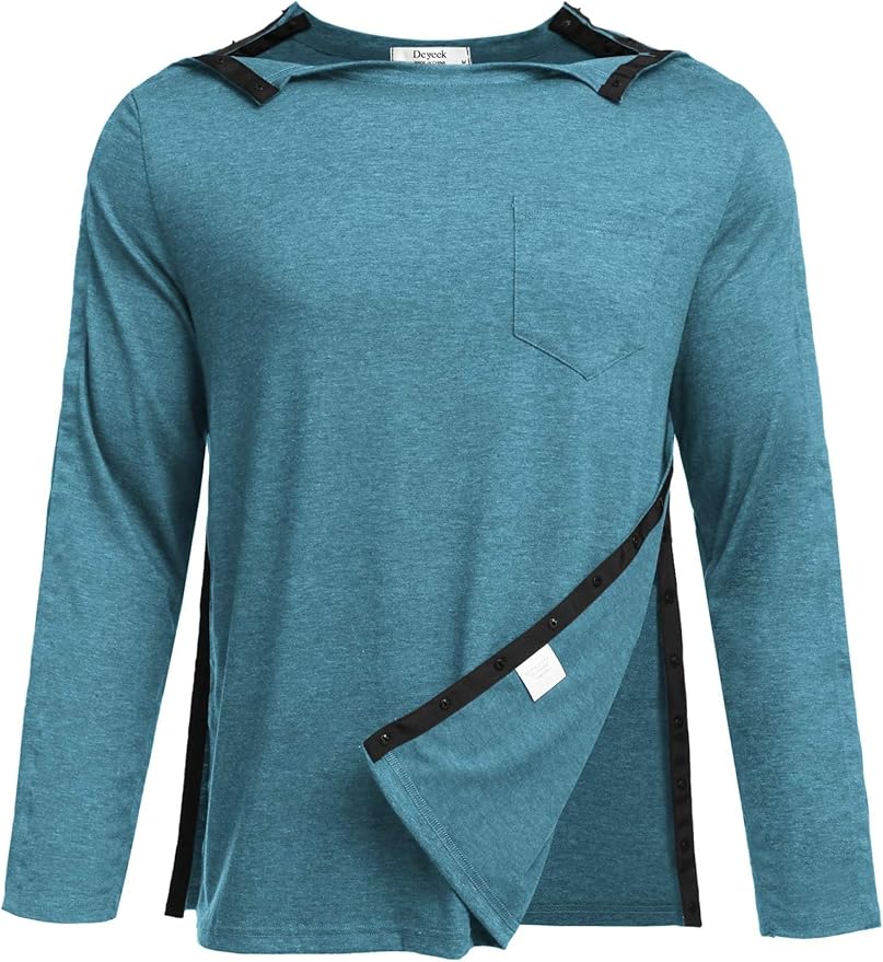 Deyeek Men's Post Shoulder Surgery Recovery Shirts Full Tear Away Long Sleeve Snap Chemo Port Access Shirt