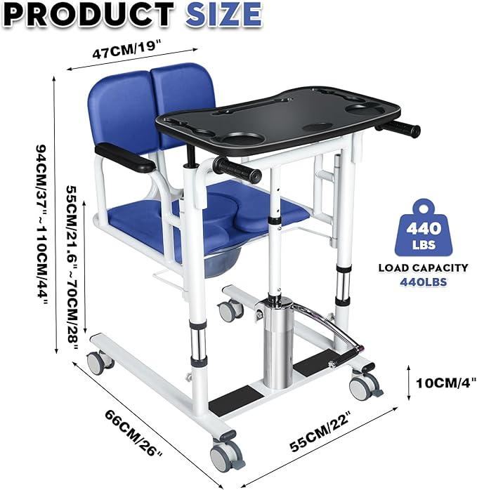 Drexo Patient Lift Transfer Chair, 5 in 1 Patient Lift Chair with 180°Split Seat, Height Adjustable Patient Transfer Chair with 4 Casters for Home Seniors Elderly, Load 450Lbs (Non-Fold, Blue)