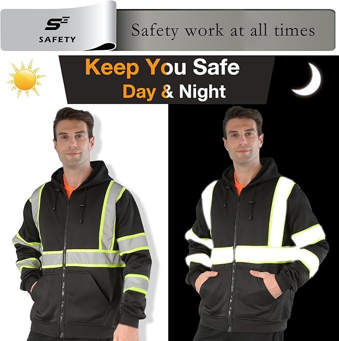 sesafety High Visibility Safety Sweatshirt for Men, Class 3 Reflective Zippered Hooded Sweatshirt, Hi-Vis Safety Hoodie with Black Bottom