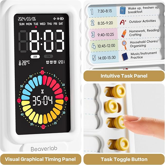 Visual Timer for Kids with 99 Minute Countdown, ADHD Timer with Planning Board, Daily Chore Board-Checklist for Autism, Silence Timer for Students