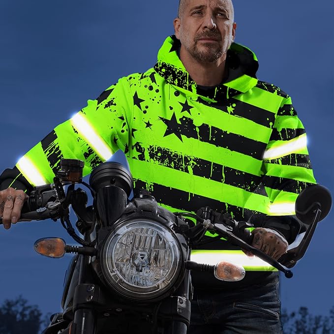 US Flag High Visibility Hoodie for Men Reflective Hoodie Safety Workwear for Worker Runner Patriotic ACC02