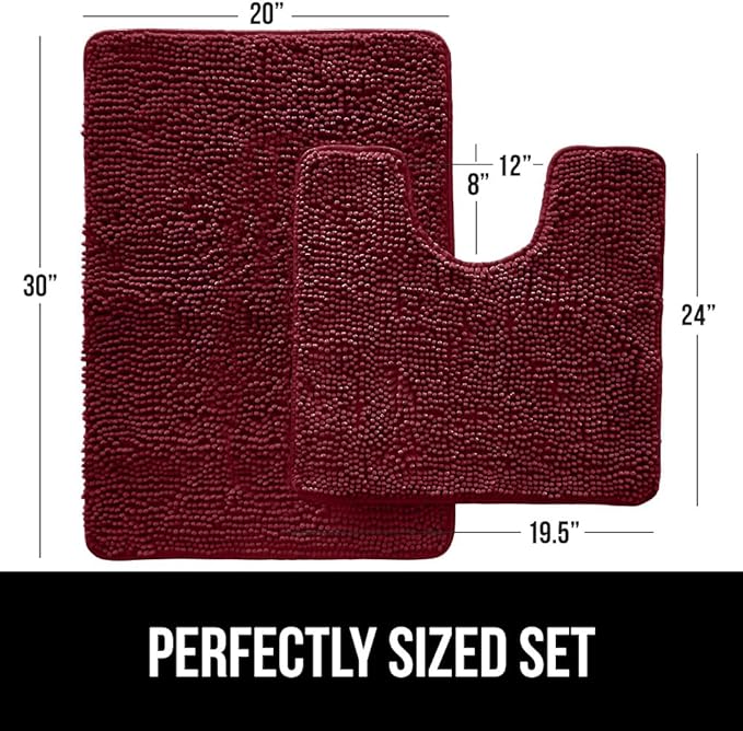 GORILLA GRIP Bathroom Rug Sets, Soft Chenille 2 Piece Area Rugs Set, Toilet Base Mat and 30x20 Carpet, Absorbent Microfiber Washable Mats Dry Quickly, Home Décor and Bath Room Accessories, Burgundy