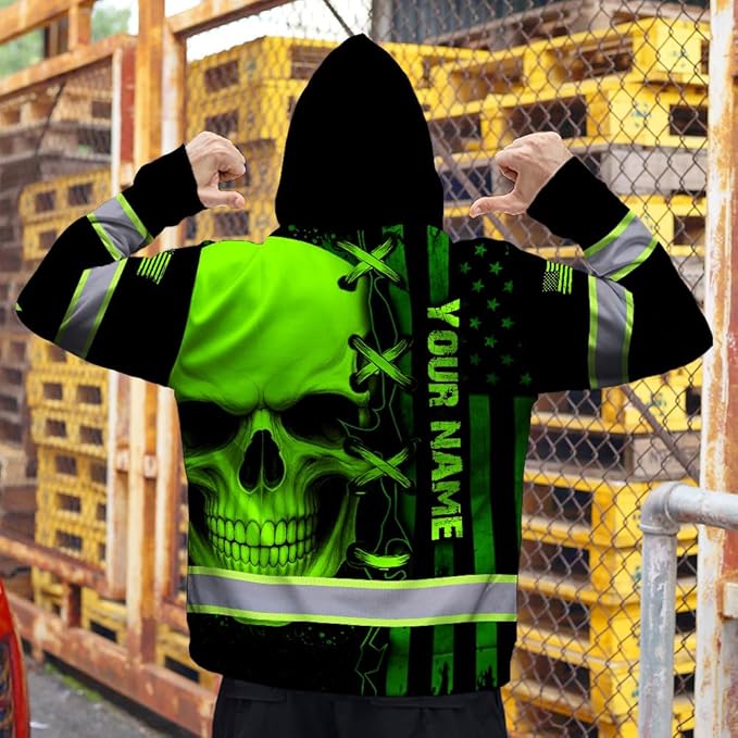 Matedecor Skull US Flag Reflective High Visibility Hoodie For Men Construction Hi Vis Safety Workwear Custom Name