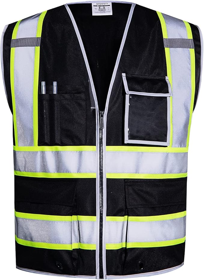 SKSAFETY 10 Pockets Safety Vest, Class 2 High Visibility Security with Zipper, Hi Vis Vest with Reflective Strips, ANSI/ISEA Standard, Construction Work Vest for Men ＆ Women （Black, 5XL）
