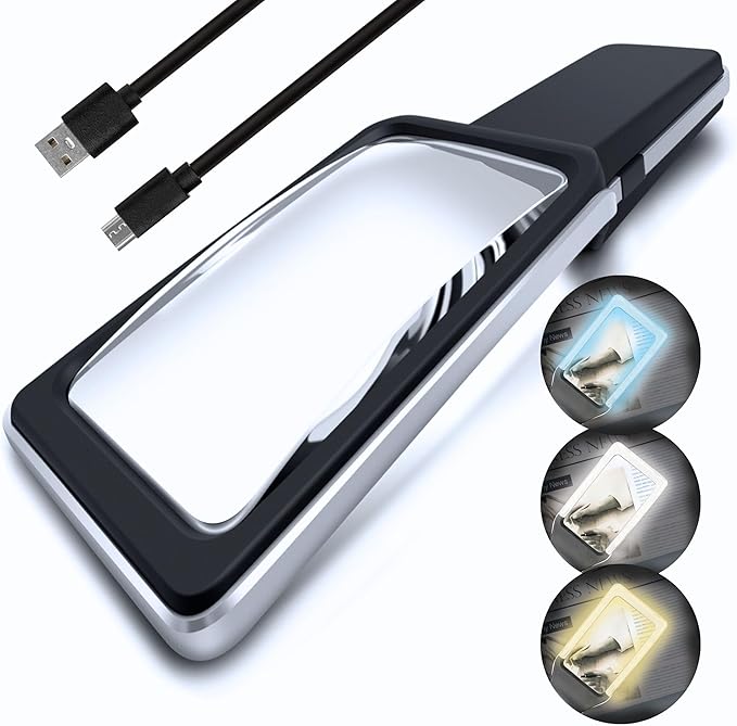 MagniPros Patented 6X Rechargeable Magnifying Glass with 3 Color Light Modes & Anti-Glare Lens - Relieve Eye Strain | Perfect for Low Vision Seniors, Macular Degeneration & Fine Print