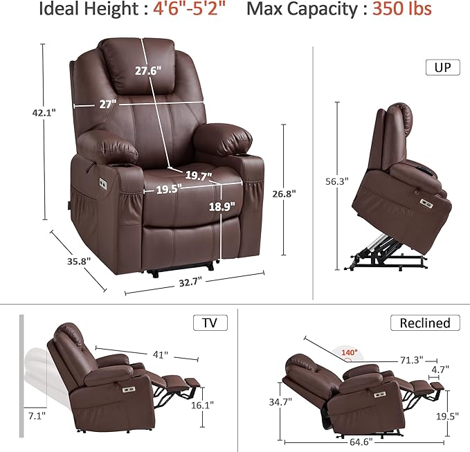 MCombo Power Lift Recliner Chair for Elderly, Lift Chair with Heat and Massage, FSC Certified, USB Ports, Cup Holders, Faux Leather 7141 (Light Brown, Small)
