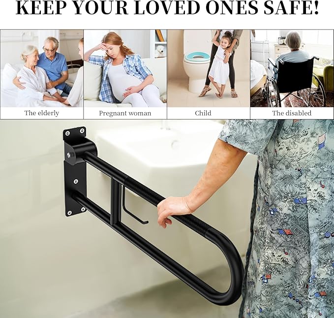 Toilet Grab Bar 30.3 Inch, YuanDe Flip Up Grab Bar with Paper Holder,Matte Black Anti-Slip Safety Bars for Toilet, Stainless Steel Knurled Toilet Handles for Seniors Disabled Elderly Pregnant
