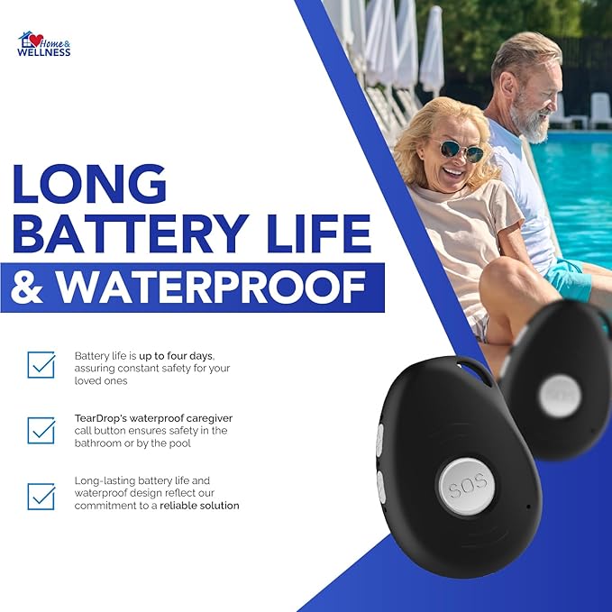 Home and Wellness TearDrop - Medical Alert Device - Wireless Home Security - Waterproof Alert Button - Fall Detection For Seniors - Elderly Assistance Products - Personal Safety Devices - 1 Month Free