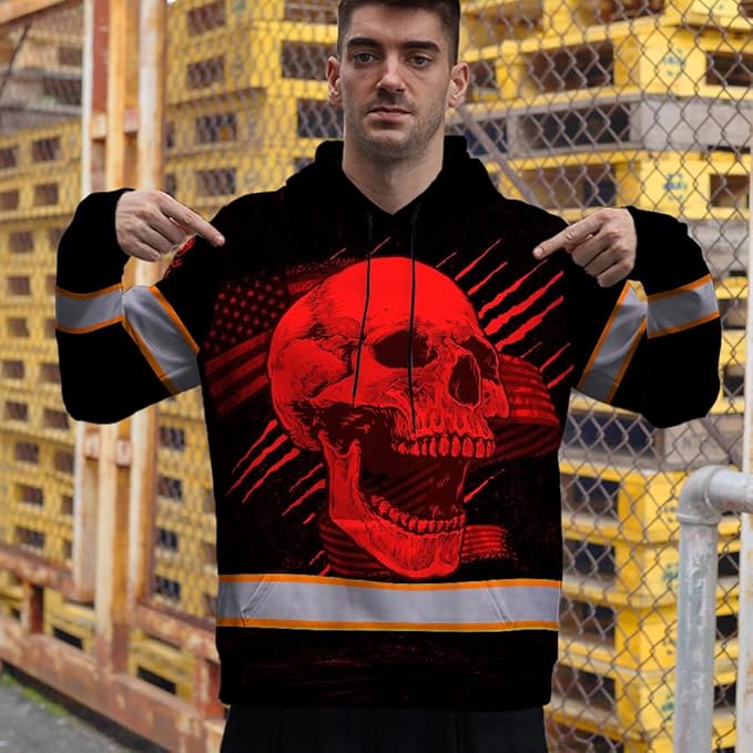 Matedecor Skull US Flag Reflective High Visibility Hoodie For Men Construction Hi Vis Safety Workwear Custom Name