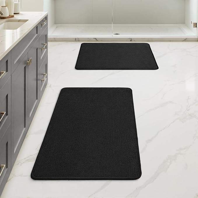 MIULEE Set of 2 Ultra Thin Bathroom Rugs, Rubber Bath Mats for Bathroom Non Slip, Quick Dry Absorbent Bath Rug Machine Washable, Fit Under Door, Shower, Sink, Halloween Decor, Black, 20"x24"+17"x27"