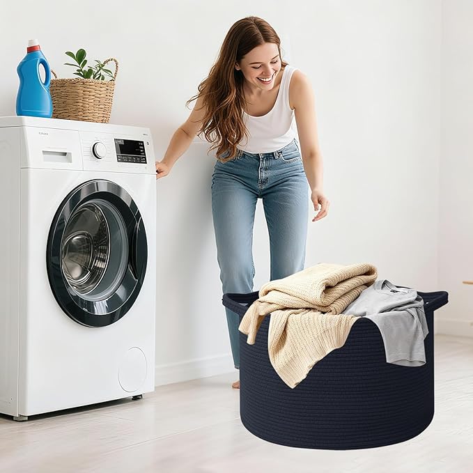 Large Storage Basket with Handle,23.6" x 23.6" x 15.7" Blanket Basket Storage Bins for Organizing,65L Cotton Rope Woven Baskets for Living Room, Nursery,Bedroom,Navy