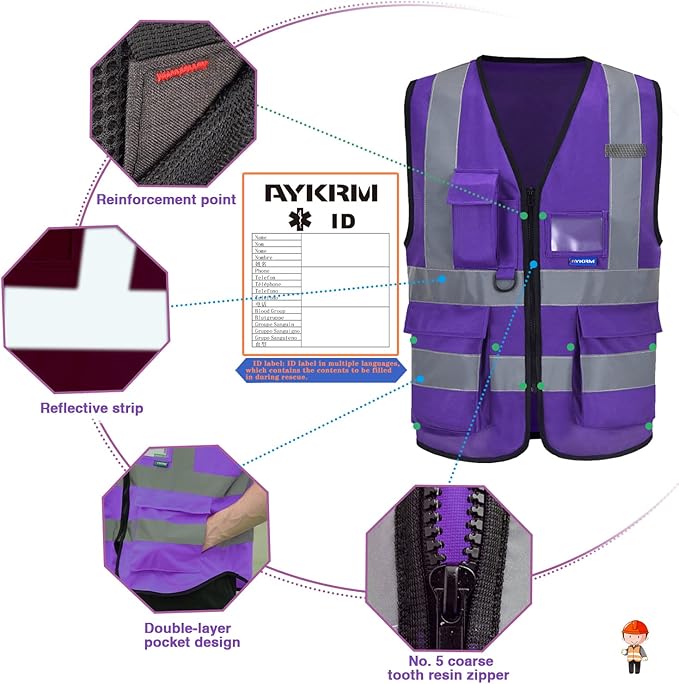 A-SAFETY Hi Reflective Safety Vest, Hi Vis Bright Neon Colors Safety Vest with 4 Reflective Strips 7 Pockets (4-5XL Purple)