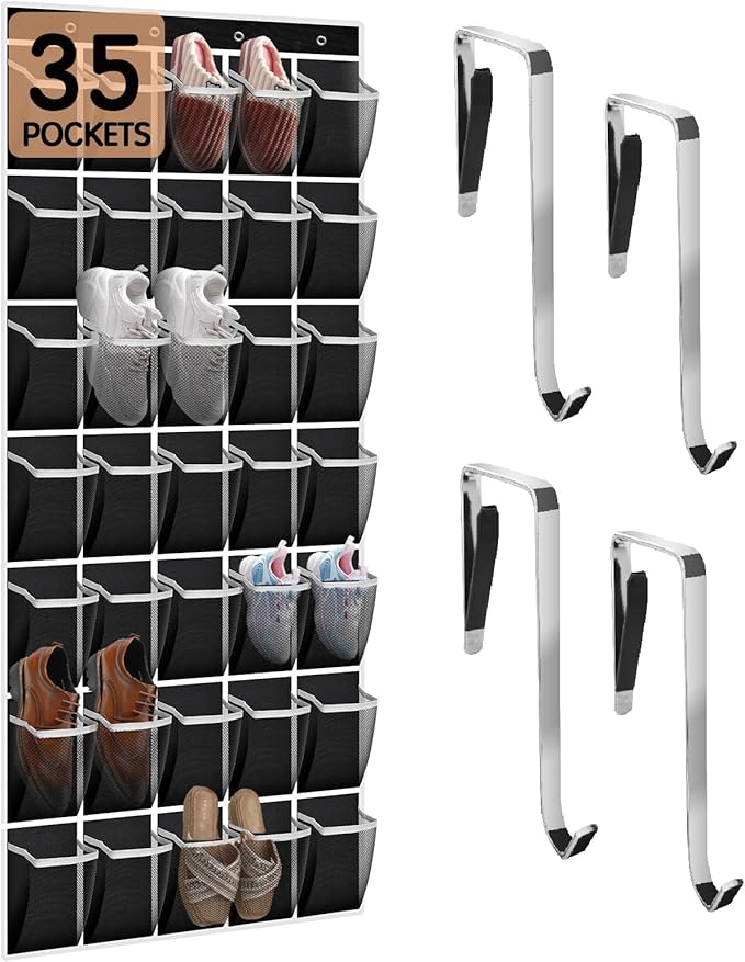 35 Compartment Over The Door Storage - Breathable Mesh Hanging Organizer with Large Pockets, Space Saving Design for Men & Women's Footwear, Closet, Bedroom- Black (Black, 35-Pocket)