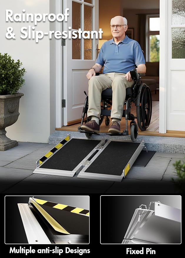 Protable Wheelchair ramp 2FT,Non-Slip Folding Aluminum Handicap Ramps,Threshold Ramps for Home,Holds up to 800lbs,Wheelchair ramp for Steps,Mobility Scooter,Stairs,Doorways (Non-Slip 2FT)