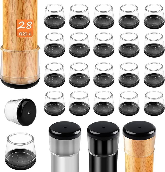 28pcs Chair Leg Protectors for Carpet, Round Chair Feet Glides Covers Caps Furniture Foot Sliders with Plastic Pads Damage-Free Move on Carpets (Fit:1-1/8"~1-7/16", Black Bottom)