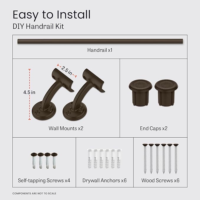 Meranti Aluminum Handrail for Indoor or Outdoor Steps and Stairs – Hand Rails for Elderly – DIY Complete Stair Railing Kit (AHR, Bronze Textured, 6' Length)