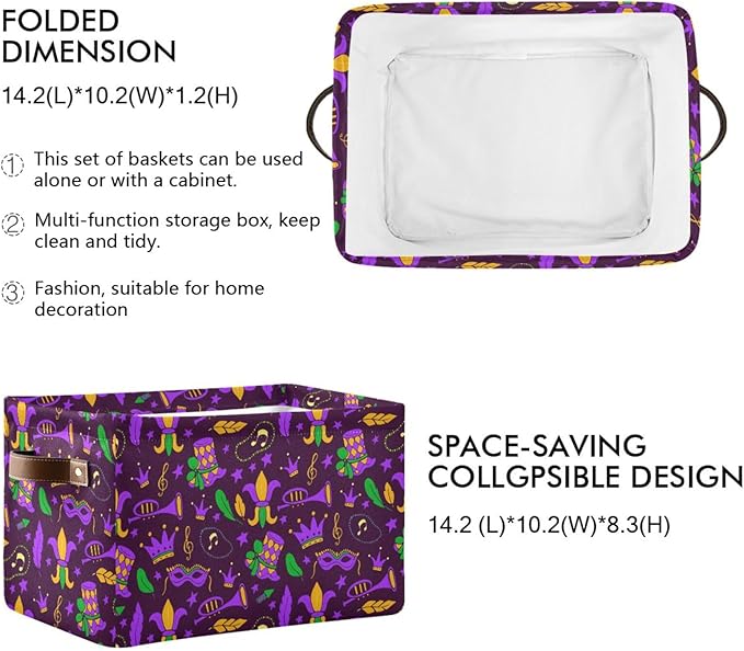 Mardi Gras Carnival Storage Basket Cube Storage Bins Organizer Bag Collapsible Closet Shelf Baskets with handle for Cloth Book 14.2×10.2×8.3 IN