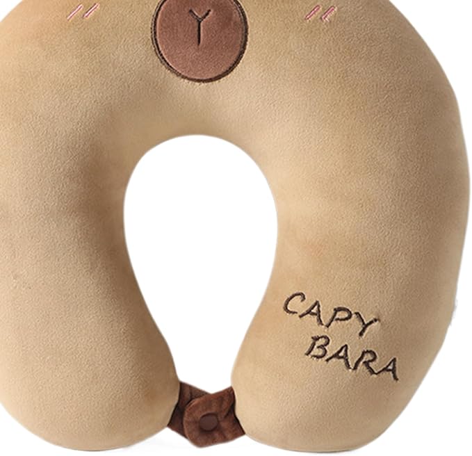 U Shape Travel Pillow - Capybara Plush 2 in 1 | Neck Support Cushion for Children Adults | Airplane Sleeping Pillow for Car Camping Office Road Trip Home | Soft Travel Comfort Accessory