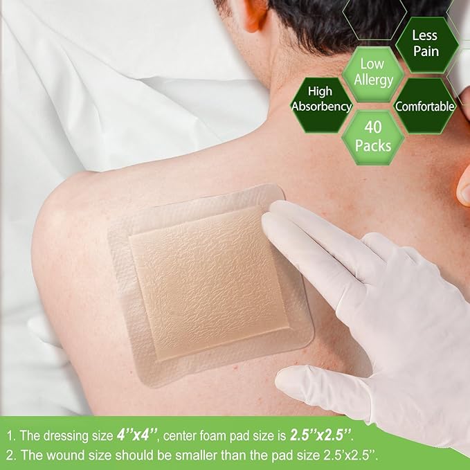 NeuHeils Silicone Foam Dressing with Gentle Border 4''x4'', 40 Pack - High Absorbency Waterproof Wound Bandage for Bed Sores, Leg Ulcers & Surgical Wounds