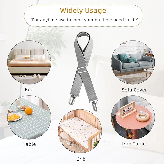 8Pcs Adjustable Bed Sheet Straps Clips, Elastic Mattress Sheet Fasteners Holder and Suspenders, Grippers to Hold Sheet, Mattress, Sofa, Couch, Table Cloth, Ironing Board Cover(Grey)