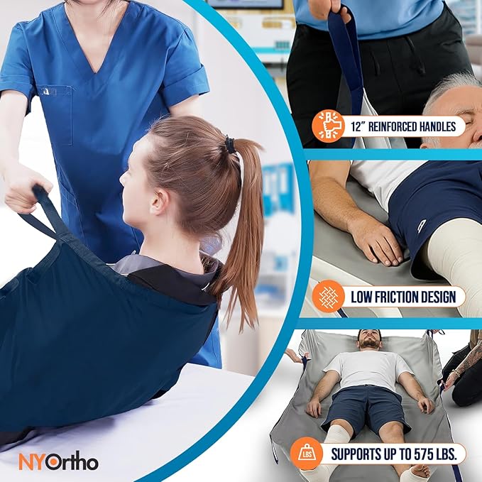 NYOrtho Glide Repositioning Sheet 35x55 in – Low-Friction, Breathable, Reusable Transfer Aid with 12 Ergonomic Handles – Supports Up to 575 lbs