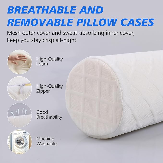 Cozyhealth 3.1" H Small Cervical Roll Pillow, Medium Soft Memory Foam Neck Round Pillow Cylinder Bolster Pillow for Sleeping, Round Neck Support for Bed, Legs, Back and Yoga (White, Small - 3.1" H)