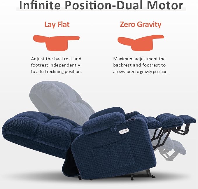 MCombo Dual Motor Power Lift Recliner Chair for Elderly, Lay Flat Lift Chair with Heat and Massage, Extra Wide Lift Recliner for Big People, Cup Holders, Fabric R7897 (Medium-Wide, Navy Blue)
