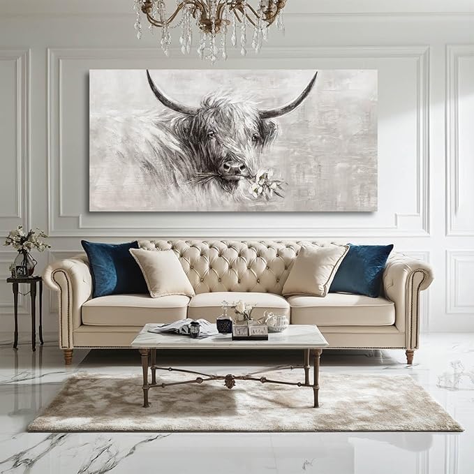 MLART99 Farmhouse Decor Wall Cow Painting Wall Art for Living Room White Flower Wall Decor 29"x 58" Grey Artwork for Bedroom Dining Room Decorations