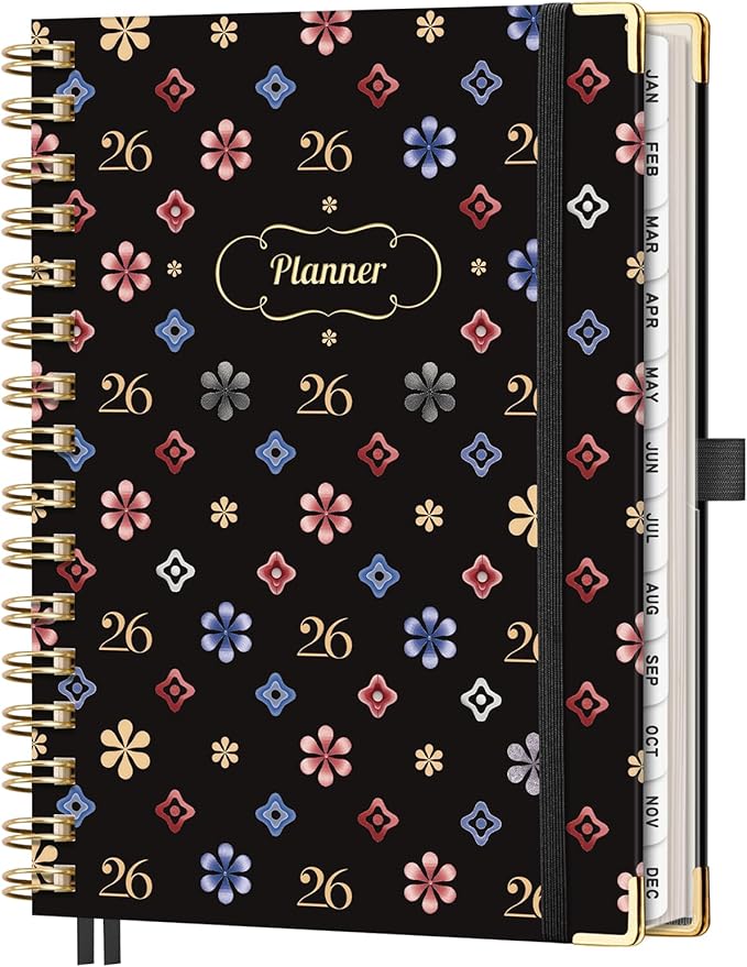 AHGXG 2026 Planner, Weekly and Monthly Planner for Women, Jan 2026 - Dec 2026, Medium Size (5.7" x 8.3"), Calendar 2026, Hardcover with Monthly Tabs, Spiral-Bound, 100 GSM Thick Paper, Black Star