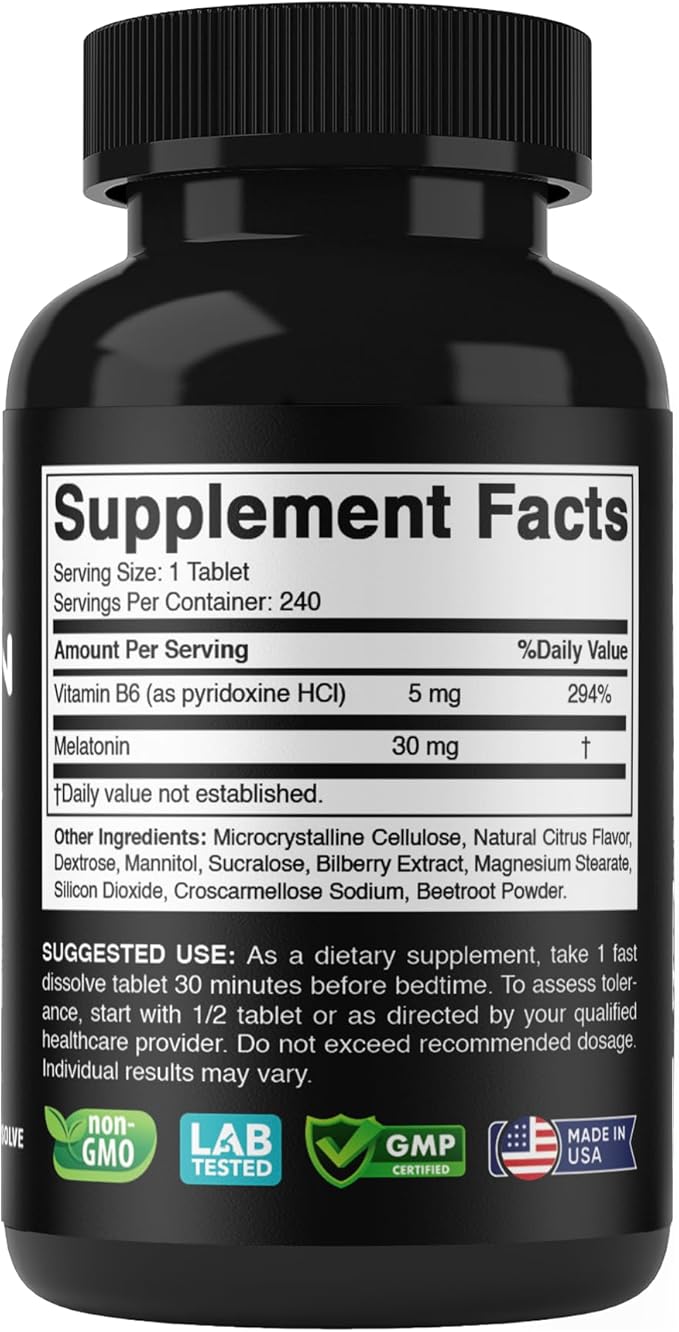 Melatonin 30 mg with Vitamin B6 – 240 Fast Dissolve Tablets High-Potency Sleep Support – Drug-Free, Natural Citrus Flavor – Vegetarian, Non-GMO, Gluten-Free