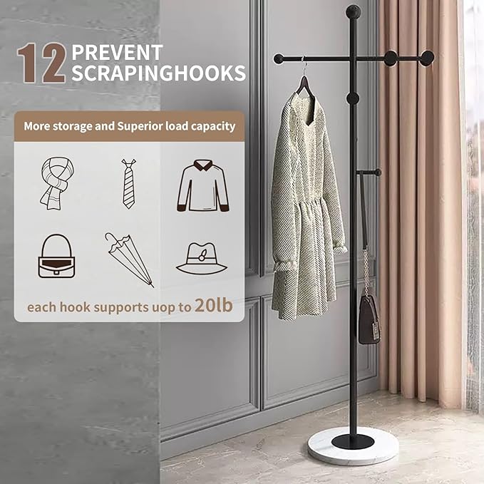 Modern Metal Coat Rack Stand, Heavy Duty T-shaped Coat Rack Freestanding with Natural Marble Base, 8 Hooks, Ideal for Bedroom, Entryway, Hallway, Office, Gifts for Women, for Mom, for Men (Black)