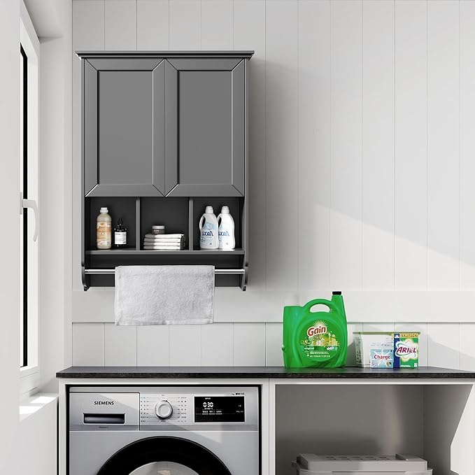 Bathroom Wall Cabinet with Towel Bar,Wooden Medicine Cabinet Adjustable Shelves,23x32 Inch Kitchen Cabinet,Over Toilet Storage Cabinet for Bathroom,Kitchen,Laundry