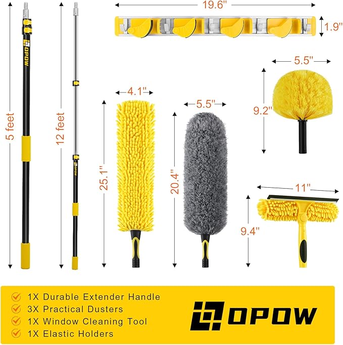 20 Foot High Ceiling Duster Kits with 5-12ft Heavy Duty Extension Pole, High Reach Duster for Cleaning,Microfiber Feather Duster,Cobweb Duster,Ceiling Fan Duster,Window Squeegee & Cleaner