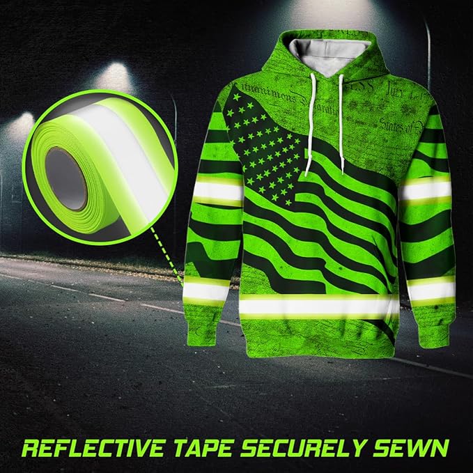US Flag High Visibility Hoodie for Men Reflective Hoodie Safety Workwear for Worker Runner Patriotic ACC02