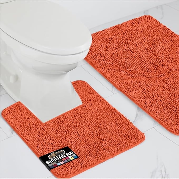 GORILLA GRIP Bathroom Rug Sets, Soft Chenille 2 Piece Area Rugs Set, Toilet Base Mat and 30x20 Carpet, Absorbent Microfiber Washable Mats Dry Quickly, Home Décor and Bath Room Accessories, Coral