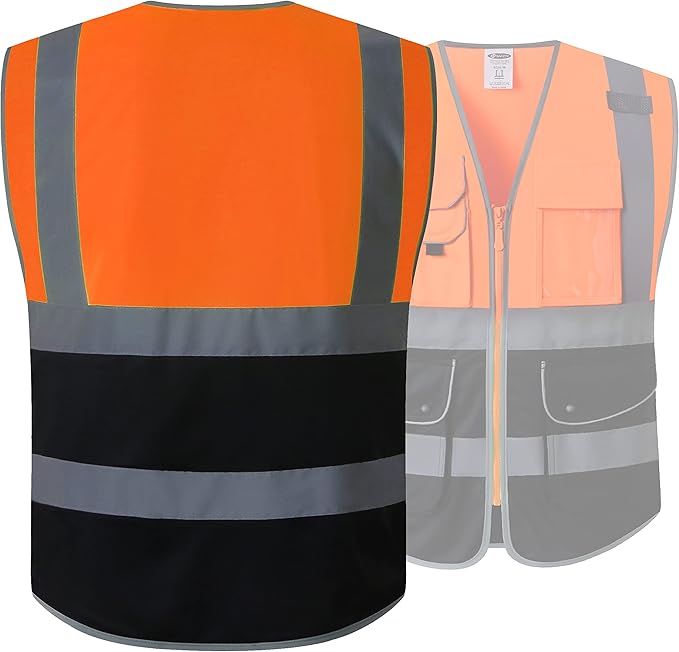 JKSafety 9 Pockets High Visibility Zipper Front Safety Vest With Reflective Strips,Meets ANSI/ISEA Standard (150-Orange-black, 3XL)