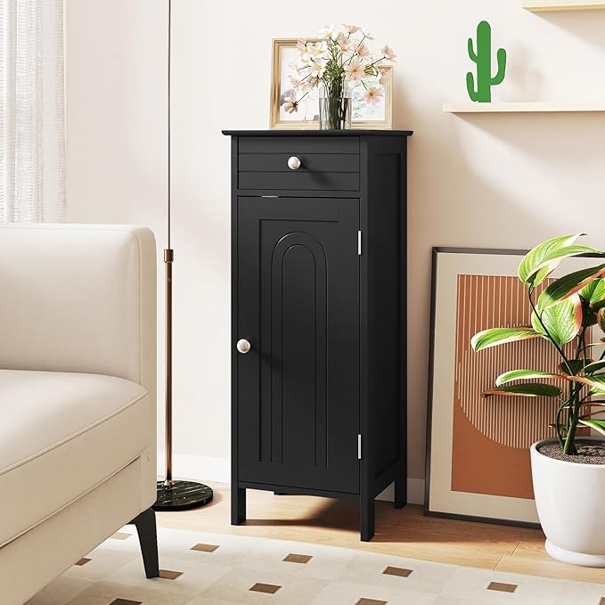 GLACER Floor Storage Cabinet, Multifunctional Bathroom Storage Cabinet with 2 Adjustable Shelves, Ideal for Bathroom, Living Room, 14 x 12 x 34.5 inches (Black)