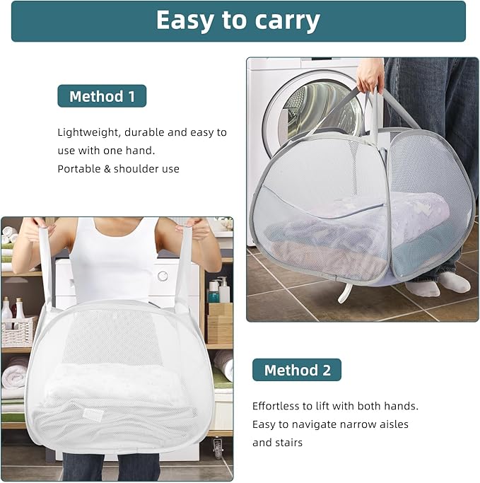 Collapsible Laundry Basket, 90L Large Foldable Mesh Pop Up Hamper for Laundry, Dirty Clothes, Bedroom, Bathroom, Dorm, Laundry Room, Travel, Camping, White
