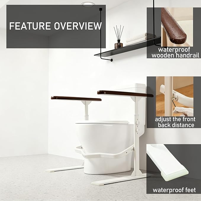 Toilet Safety Rails for Seniors - Toilet Safety Frame with Nighttime Reflective Armrests & Base, 3-Speed Height Adjustment, Toilet Safety Frames & Rails Fits Most Toilets, 3-Hole Depth Adjustment