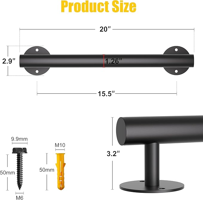 Heavy Duty Stair Railing, Wrought Iron Hand Rails for Indoor Stairs, Handrails for Bathroom, Basement, Porch Steps, Barrier-Free Staircase Grab Bar for Seniors, 20in, Black